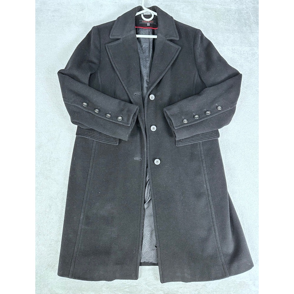 Anne Klein Overcoat Women 14 Black Wool Blend Longline Button Cuff Classic Coat